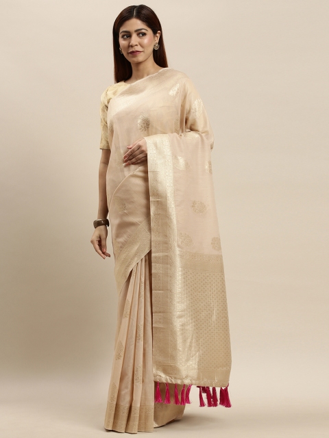 

VASTRANAND Cream-Coloured & Gold-Toned Cotton Blend Woven Design Saree