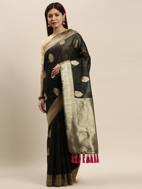 

VASTRANAND Black & Gold-Toned Cotton Blend Woven Design Saree