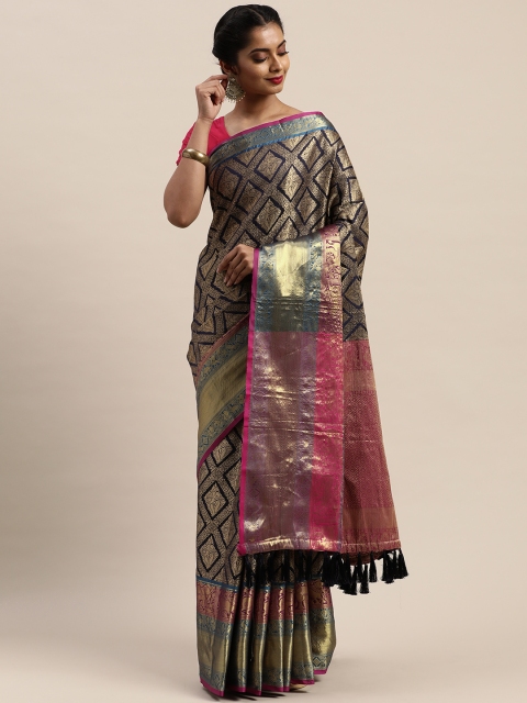 

VASTRANAND Navy Blue & Gold-Toned Silk Cotton Woven Design Kanjeevaram Saree