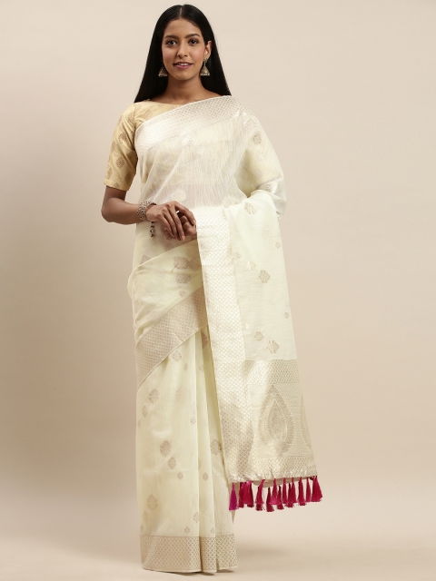 

VASTRANAND White & Silver-Toned Woven Design Saree