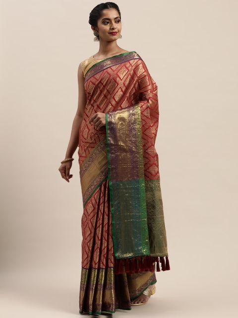 

VASTRANAND Maroon & Green Silk Cotton Woven Design Banarasi Saree