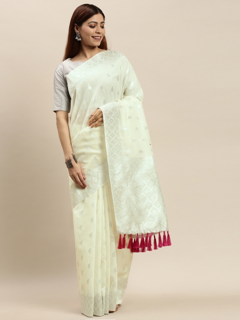 

VASTRANAND Off-White & Silver-Toned Woven Design Saree