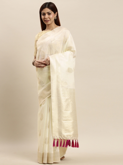 

VASTRANAND White & Gold-Toned Cotton Blend Woven Design Saree