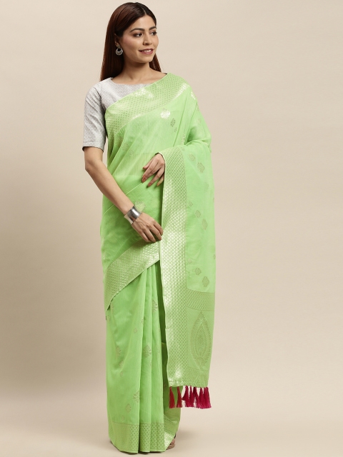 

VASTRANAND Lime Green & Silver-Toned Woven Design Saree