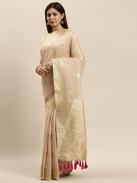

VASTRANAND Cream-Coloured & Gold-Toned Cotton Blend Woven Design Saree