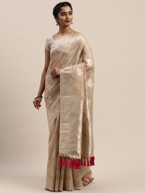 

VASTRANAND Cream-Coloured & Silver-Toned Woven Design Saree