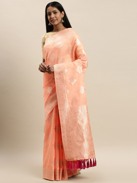 

VASTRANAND Peach-Coloured & Gold-Toned Woven Design Saree