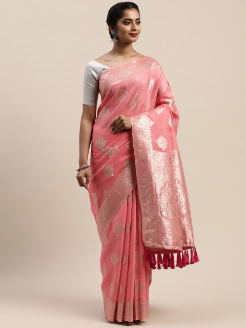 

VASTRANAND Pink & Silver-Toned Woven Design Saree