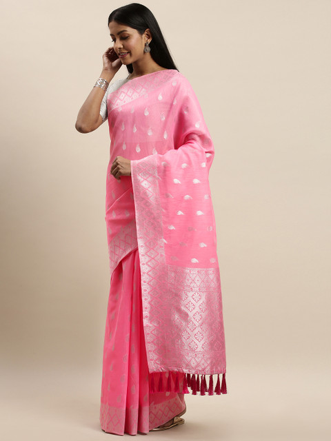

VASTRANAND Pink & Silver-Toned Woven Design Saree
