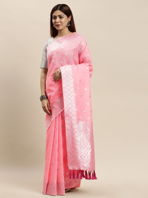 

VASTRANAND Pink & Silver-Toned Woven Design Saree