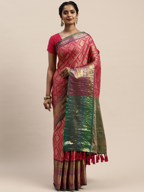

VASTRANAND Pink & Gold-Toned Silk Cotton Woven Design Banarasi Saree