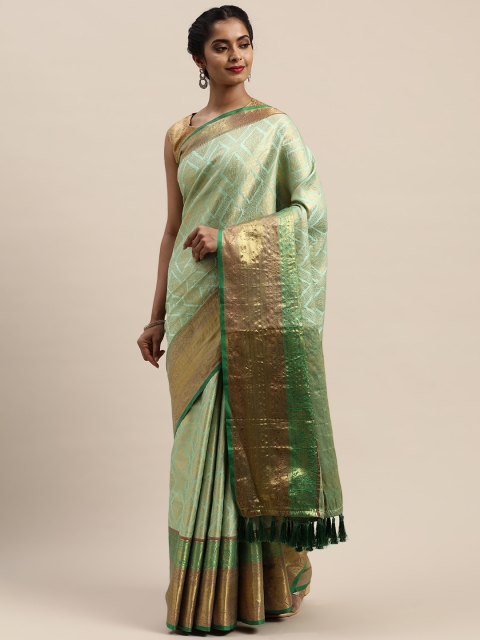 

VASTRANAND Sea Green & Gold-Toned Woven Design Banarasi Saree