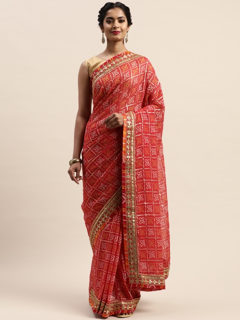 

VASTRANAND Maroon & Beige Printed Bandhani Saree