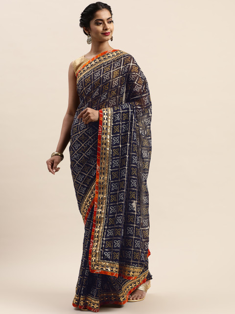 

VASTRANAND Navy Blue & Beige Printed Bandhani Saree