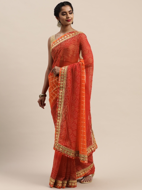 

VASTRANAND Maroon & Orange Poly Georgette Printed Bandhani Saree