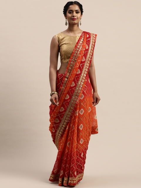 

VASTRANAND Maroon & Beige Printed Bandhani Saree