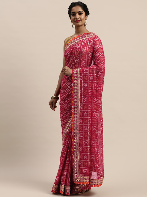 

VASTRANAND Pink & Beige Printed Bandhani Saree