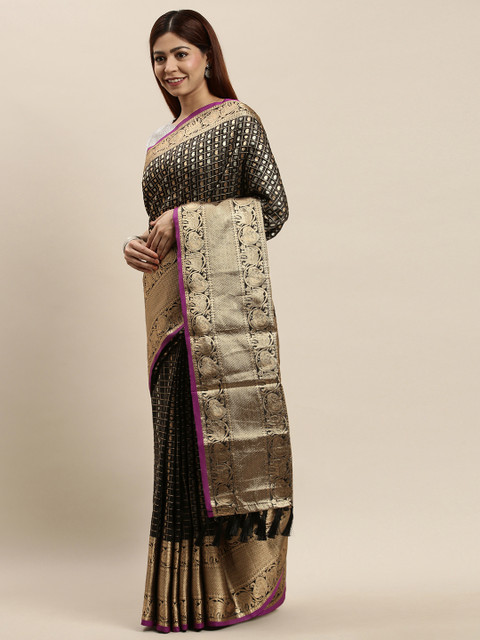

VASTRANAND Black & Gold-Coloured Checked Banarasi Saree
