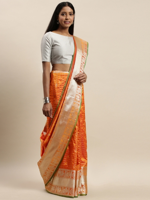 

VASTRANAND Orange Checked Banarasi Saree