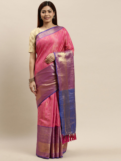 

VASTRANAND Pink & Gold-Toned Woven Design Banarasi Saree