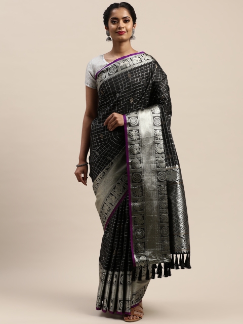 

VASTRANAND Black & Silver-Toned Checked Banarasi Saree