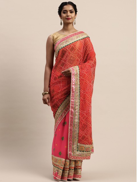 

VASTRANAND Red & Beige Printed Bandhani Saree