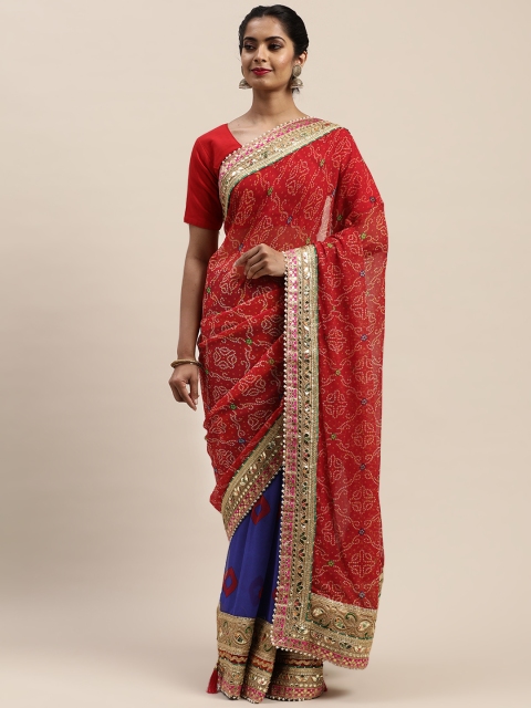 

VASTRANAND Red & Blue Poly Georgette Printed Bandhani Saree