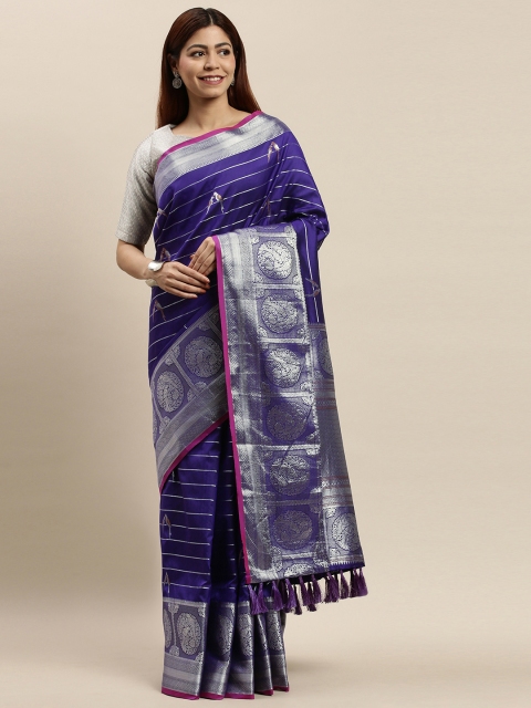 

VASTRANAND Blue & Silver-Coloured Striped Banarasi Saree