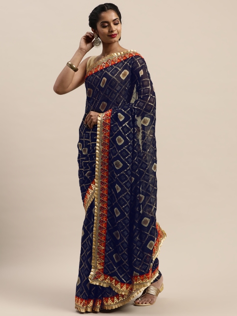 

VASTRANAND Navy Blue Printed Bandhani Saree
