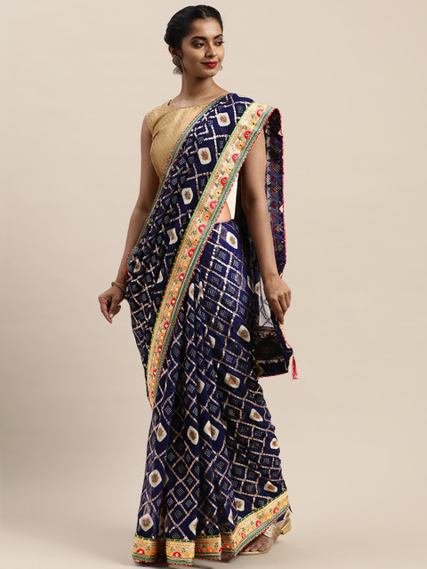 

VASTRANAND Navy Blue & Golden Printed Bandhani Saree