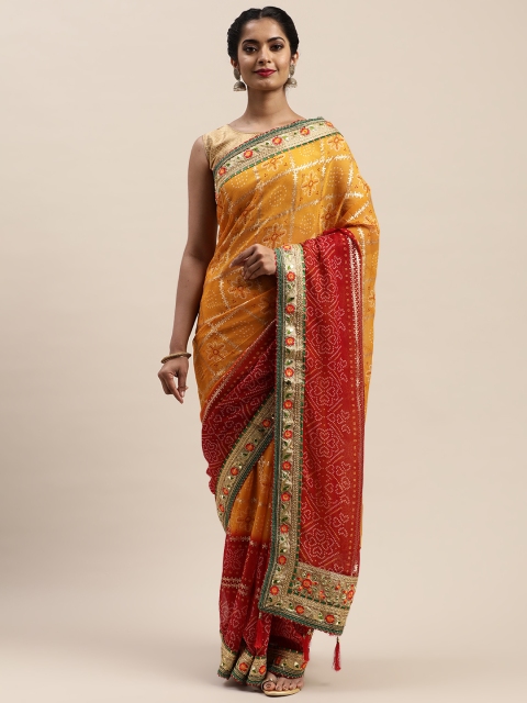 

VASTRANAND Mustard Yellow & Red Printed Bandhani Saree