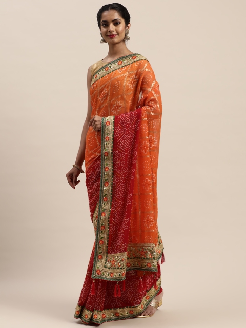

VASTRANAND Orange & Red Printed Bandhani Saree
