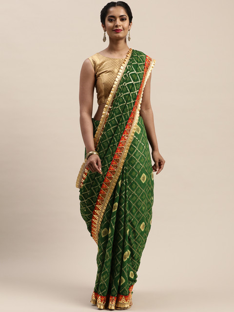 

VASTRANAND Green & White Printed Bandhani Saree