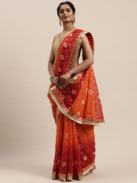 

VASTRANAND Maroon & Orange Printed Bandhani Saree