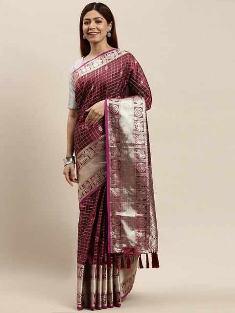 

VASTRANAND Burgundy & Gold-Coloured Checked Banarasi Saree