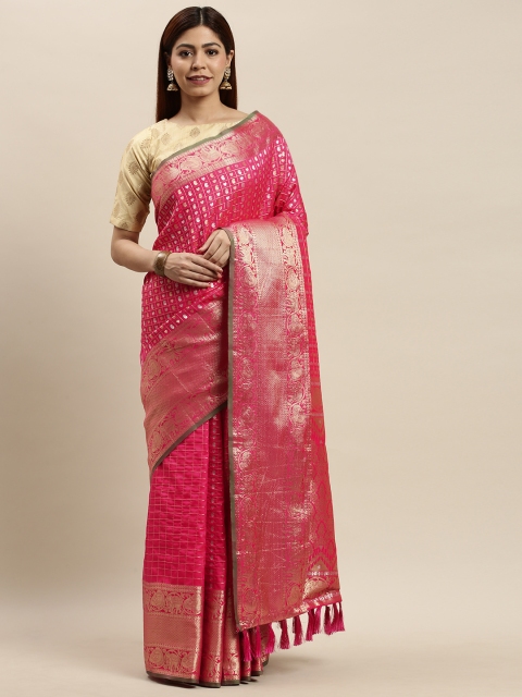 

VASTRANAND Pink & Golden Woven Design Banarasi Saree