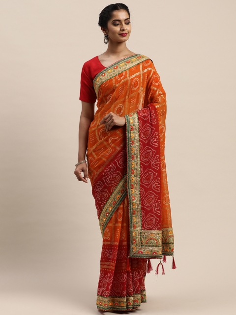 

VASTRANAND Red & Orange Poly Georgette Checked Bandhani Celebrity Saree