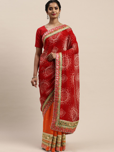 

VASTRANAND Red & Orange Poly Georgette Printed Bandhani Half & Half Celebrity Saree