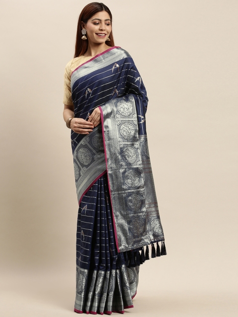 

VASTRANAND Navy Blue & Silver-Toned Striped Banarasi Saree