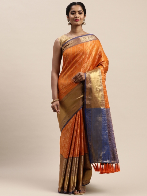 

VASTRANAND Orange & Gold-Toned Woven Design Banarasi Saree
