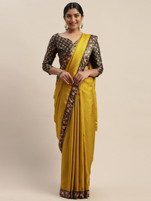 

LADUSAA Mustard & Black Silk Blend Solid Saree
