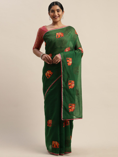 

LADUSAA Green & Orange Embroidered Chanderi Saree