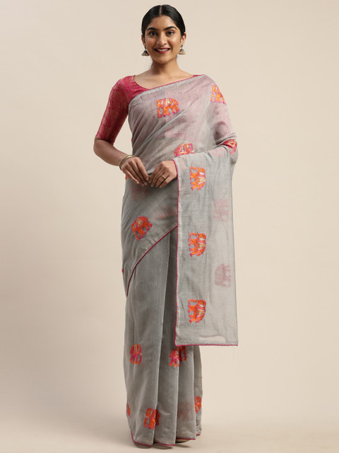 

LADUSAA Grey Polycotton Embroidered Chanderi Saree