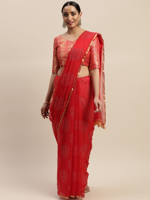 

LADUSAA Red Embellished Pochampally Saree