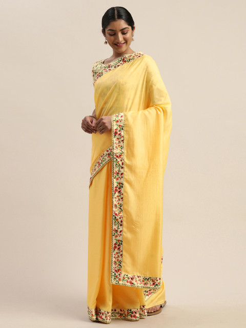 

LADUSAA Yellow Dola Silk Solid Saree