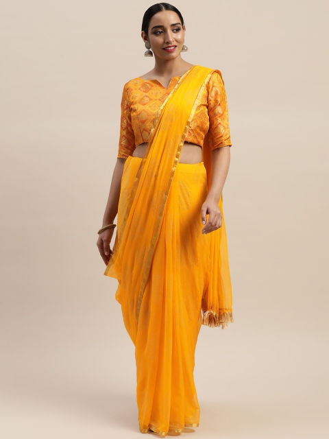 

LADUSAA Mustard Yellow Embellished Pochampally Saree