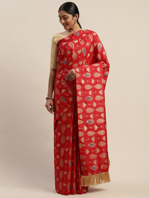 

LADUSAA Red Silk Blend Woven Design Kanjeevaram Saree
