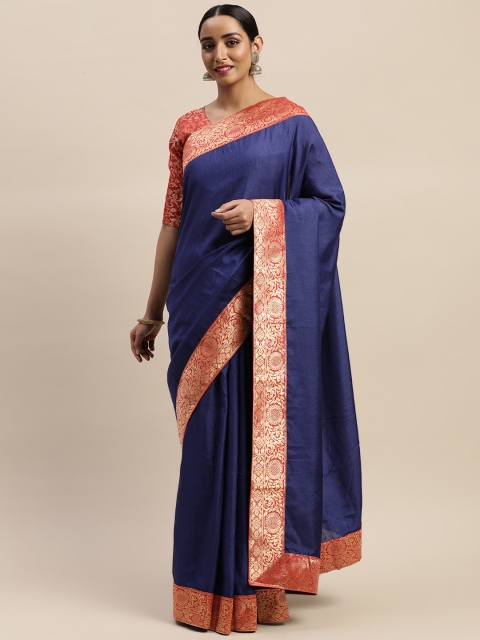 

LADUSAA Navy Blue & Red Solid Pochampally Saree