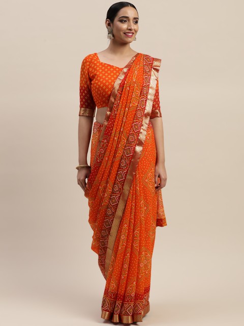 

LADUSAA Orange & Yellow Printed Bandhani Saree
