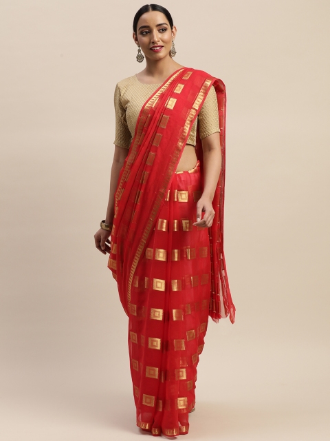 

LADUSAA Red Poly Chiffon Woven Design Bandhani Saree